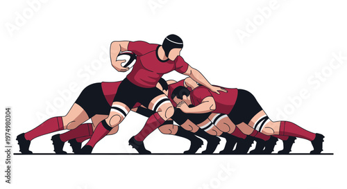 Dynamic Rugby Scrum Illustration Featuring Players in Intense Action