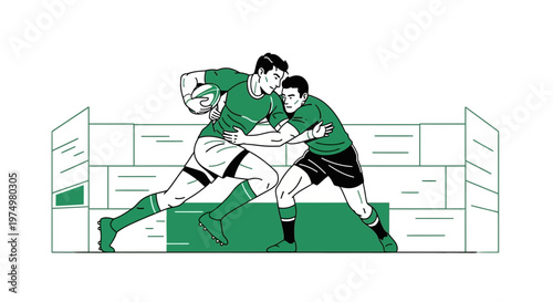 Dynamic Rugby Action Depiction Of Players In Intense Tackle On White Background