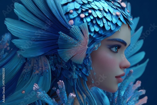 Mermaid Illustration in 3D Style With Vibrant Blue Colors and Detailed Textures Depicting a Creative Underwater Scene