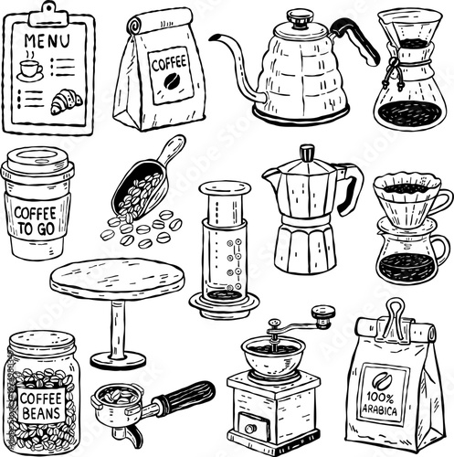 Hand-drawn doodle set of coffee-themed elements including drinks, brewing tools and cafe objects. Collection of coffee icons and barista equipment for cafe
