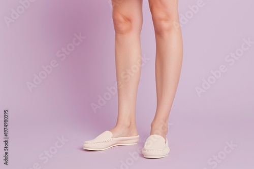 Female legs in white flats on pastel purple background, Minimal fashion studio scene, Casual footwear styling and soft color palette, Clean lower body composition, Copy space, Modern retail background