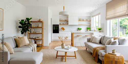A modern living room with a minimalist aesthetic, featuring a light-colored sectional sofa, a white coffee table, and a kitchen in the background.