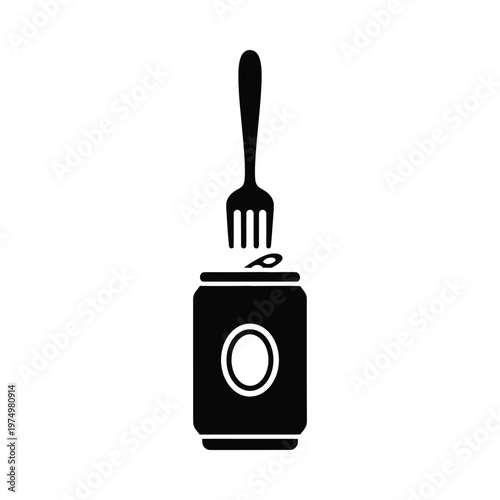 A black and white illustration of a fork piercing a can of beans