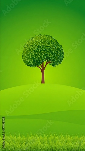 A vibrant, animated illustration featuring a tree on a green hill, with a gradient backdrop. Grass in foreground