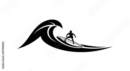 Dynamic Silhouette Of A Surfer Riding A Powerful Wave In A Black And White Style