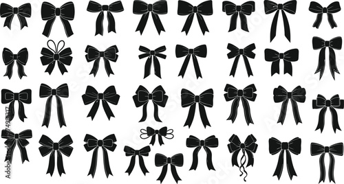 Collection of black bow vector silhouettes, isolated ribbon knot illustration set, perfect for gift wrapping, Christmas decoration, fashion, and graphic design elements