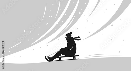 Dynamic Silhouette Of Person Sledding Down Snow Covered Hill In Winter