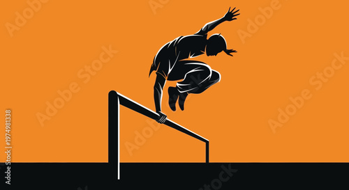 Dynamic Silhouette Athlete Ascending Bar in Bold Orange and Black Artistic Rendering