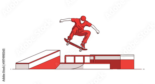 Dynamic Skateboarder Executes Aerial Trick Above Urban Skatepark Features