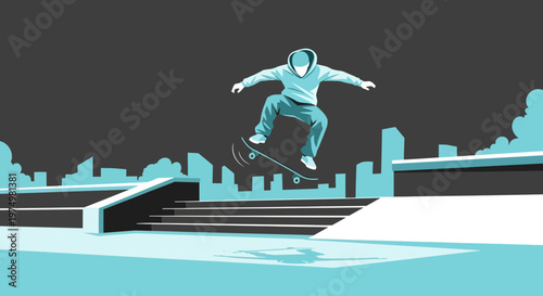 Dynamic Skateboarder Executes Aerial Trick Against Stylized Cityscape Silhouette