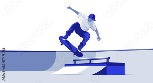 Dynamic Skateboarder Executes Aerial Trick in Blue Skatepark Style