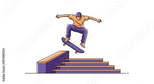 Dynamic Skateboarder Executes Aerial Trick Over Stairs Park Obstacle Illustration