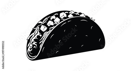 A minimalist black and white illustration depicts a fully loaded taco with visible fillings high quality