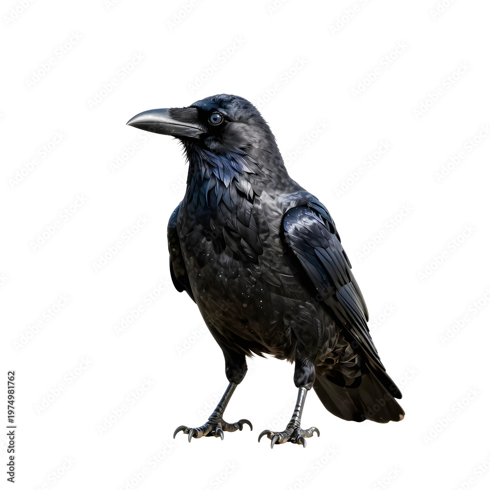 Fototapeta premium Detailed digital painting of a majestic crow standing tall against a black backdrop