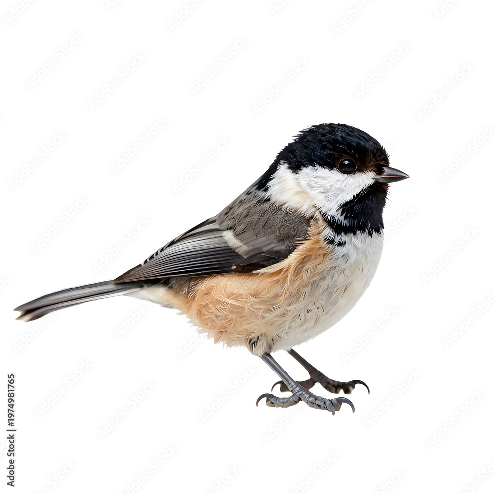 Naklejka premium Close up of a chickadee bird with detailed feathers isolated on black background