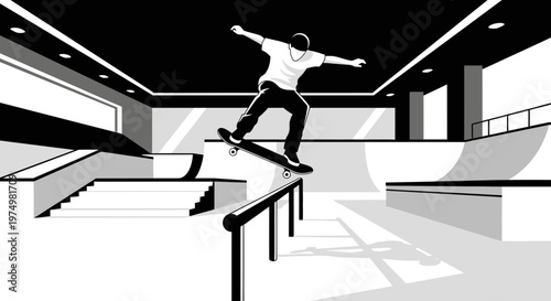 Dynamic Skateboarder Executes Rail Grind Indoors