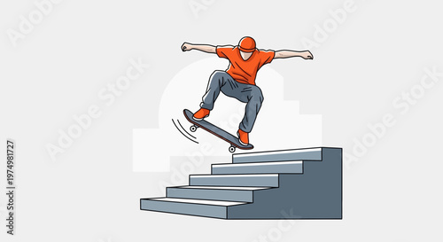 Dynamic Skateboarder Executes Stair Trick Mid-Air Action Shot Illustration