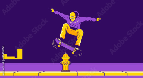 Dynamic Skateboarder Aerial Jump Over Hydrant Urban Art Style