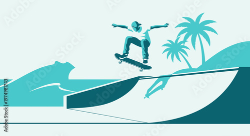 Dynamic Skateboarder Ascends Ramp Amidst Tropical Coastal Scenery