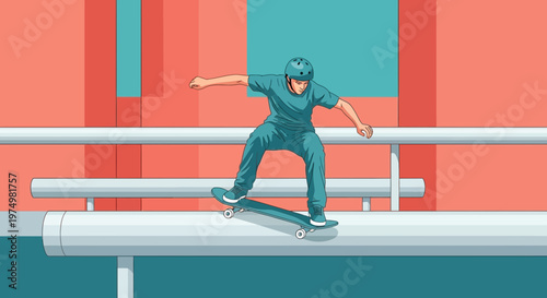 Dynamic Skateboarder Executes Thrilling Grind on Urban Railing