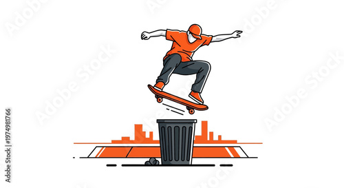 Dynamic Skateboarder Executes Thrilling Jump Over Trash Can With Urban Skyline Background
