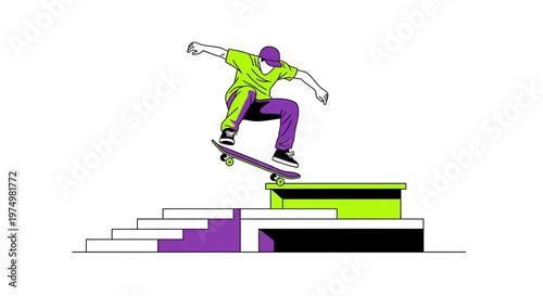 Dynamic Skateboarder Executes Thrilling Stair Trick Minimalist Illustration