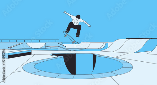 Dynamic Skateboarder Captures Aerial Mid-Trick Against Vibrant Blue Background