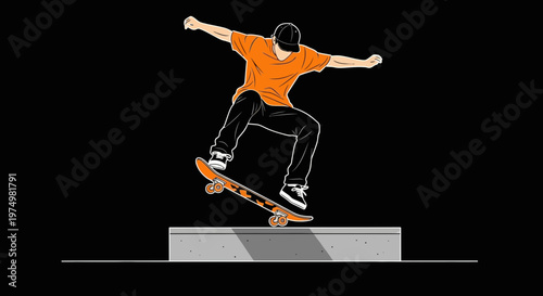 Dynamic Skateboarder Executes Trick Mid-Air Against Dark Background Bold Action Shot