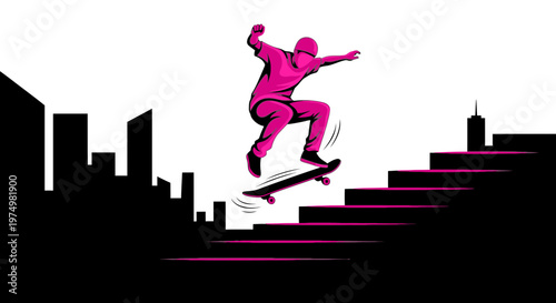 Dynamic Skateboarder Performs Acrobatics Over City Stairs Silhouette