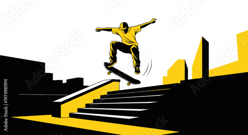 Dynamic Skateboarder Performs A Gravity Defying Stair Gap Jump In A Bold Graphic Style