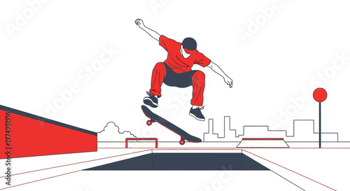 Dynamic Skateboarder Executing Aerial Trick in Urban Skatepark Style Vector