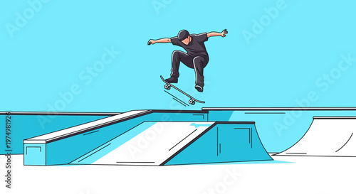 Dynamic Skateboarder Captures Thrilling Jump Mid-Air Over Skatepark Ramps