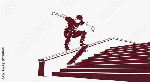 Dynamic Skateboarder Grinding Down Stairs In Bold Graphic Style