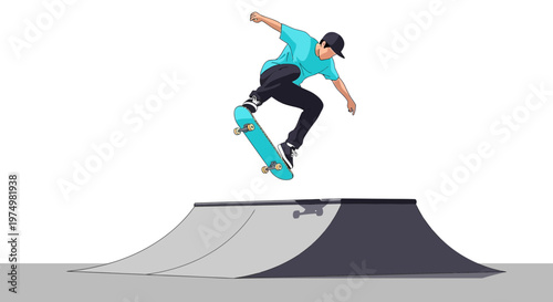 Dynamic Skateboarder Performs Aerial Maneuver Over Ramp Extreme Sports Fun