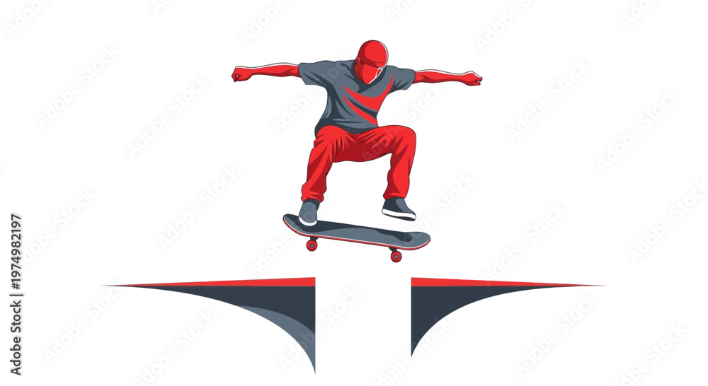 Fototapeta premium Dynamic Skater Executes Thrilling Mid-Air Jump Over Graphic Gap In Bold Illustration