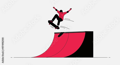 Dynamic Skateboarder Soars High Above Red Ramp Mid-Air Trick Performance