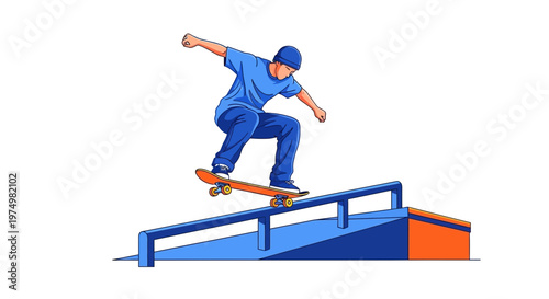 Dynamic Skateboarder Grinds Ramp In Vivid Illustration Style