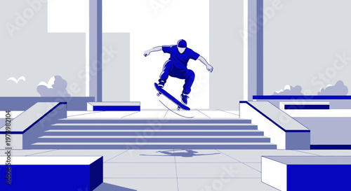 Dynamic Skateboarder Soaring Through Urban Skatepark Architecture