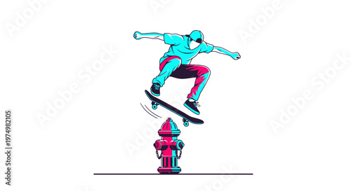Dynamic Skateboarder Jumps Over Vibrant Fire Hydrant Illustration