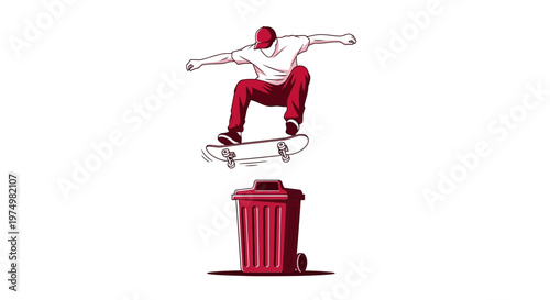 Dynamic Skateboarder Jumps Over Red Trash Can Performing A Trick