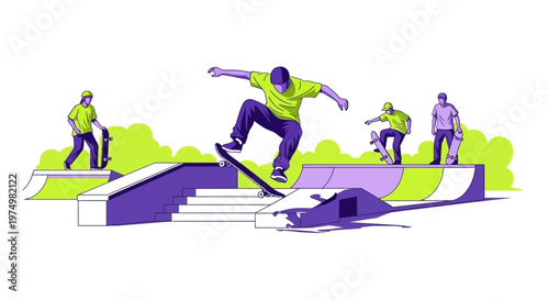 Dynamic Skateboarders Perform Tricks In Urban Skatepark Graphic Illustration