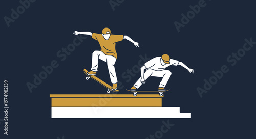 Dynamic Skateboarding Duo Performing Tricks on Urban Obstacles