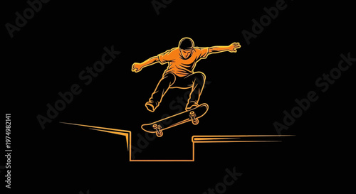 Dynamic Skateboarder Mid-Air Jump Action Silhouette On Black Background