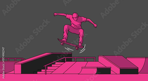 Dynamic Skater Captures Aerial Agility Against Pink Skatepark Backdrop