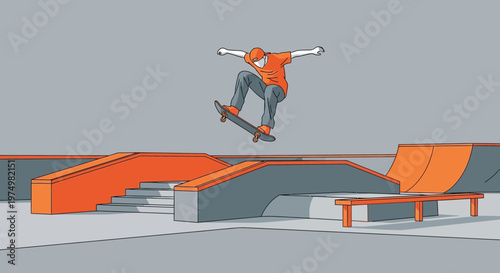 Dynamic Skateboarder Soars Through Urban Skatepark Mid-Air Trick