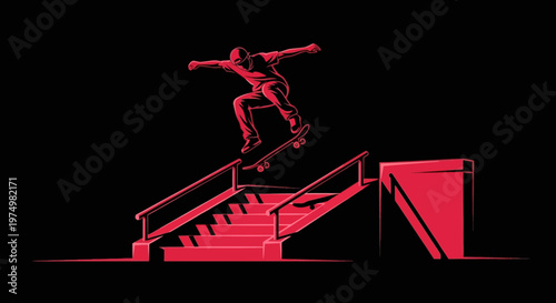 Dynamic Skateboarder Mid-Air Leap Over Crimson Urban Steps