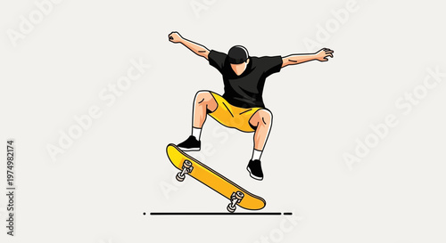 Dynamic Skateboarder Mid-Air Jump Performance Illustration