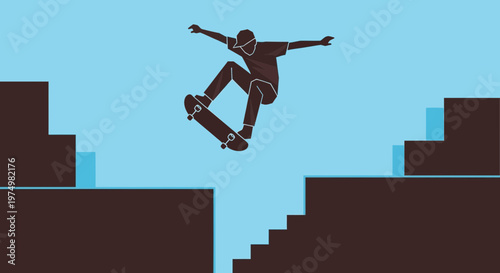 Dynamic Skateboarder Mid-Air Jump Over Urban Obstacles