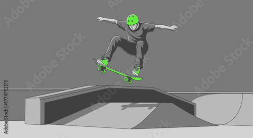 Dynamic Skater Executes Airborne Trick Over Concrete Ramp