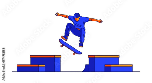Dynamic Skater Executes Gravity Defying Leap Over Skate Park Obstacles